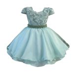 Vestido Infantil Verde Bebe Bordado Com Cinto De Pérola E Strass 