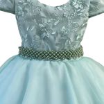 Vestido Infantil Verde Bebe Bordado Com Cinto De Pérola E Strass 