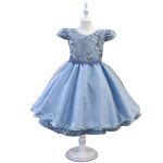 Vestido Infantil Azul Bebe Festa Bordado Com Cinto De Pérola E Strass 