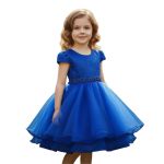 Vestido Infantil Azul Festa Bordado Com Cinto De Pérola E Strass 