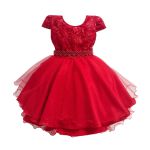 Vestido Infantil Vermelho Bordado Com Cinto De Pérola E Strass 