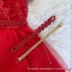 Vestido Infantil Vermelho Bordado Com Cinto De Pérola E Strass 