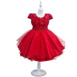 Vestido Infantil Vermelho Bordado Com Cinto De Pérola E Strass 