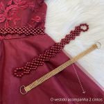 Vestido Infantil Bordô Bordado Com Cinto De Pérola E Strass 