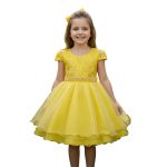 Vestido Infantil Amarelo Bordado Com Cinto De Pérola E Strass 