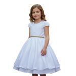 Vestido Juvenil Branco Curto Bordado Saia Lisa Com Cinto Dourado 