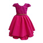 Vestido Juvenil Rosa Curto Bordado Saia Lisa Com Cinto Dourado 