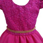 Vestido Juvenil Rosa Curto Bordado Saia Lisa Com Cinto Dourado 