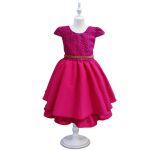 Vestido Juvenil Rosa Curto Bordado Saia Lisa Com Cinto Dourado 