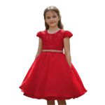 Vestido Juvenil Vermelho Curto Bordado Saia Lisa Com Cinto Dourado 