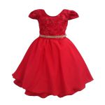 Vestido Juvenil Vermelho Curto Bordado Saia Lisa Com Cinto Dourado 