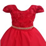 Vestido Juvenil Vermelho Curto Bordado Saia Lisa Com Cinto Dourado 