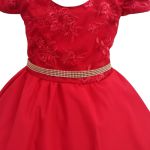 Vestido Juvenil Vermelho Curto Bordado Saia Lisa Com Cinto Dourado 