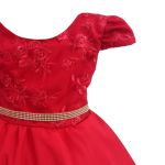 Vestido Juvenil Vermelho Curto Bordado Saia Lisa Com Cinto Dourado 