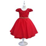 Vestido Juvenil Vermelho Curto Bordado Saia Lisa Com Cinto Dourado 