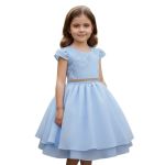 Vestido Juvenil Azul Bebe Curto Bordado Saia Lisa Com Cinto Dourado 