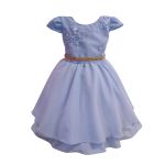 Vestido Juvenil Azul Bebe Curto Bordado Saia Lisa Com Cinto Dourado 