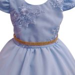 Vestido Juvenil Azul Bebe Curto Bordado Saia Lisa Com Cinto Dourado 