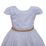 Vestido Juvenil Branco Curto Bordado Saia Lisa Com Cinto Dourado 