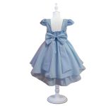 Vestido Juvenil Azul Bebe Curto Bordado Saia Lisa Com Cinto Dourado 