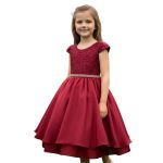 Vestido Juvenil Marsala Curto Bordado Saia Lisa Com Cinto Dourado 