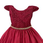 Vestido Juvenil Marsala Curto Bordado Saia Lisa Com Cinto Dourado 