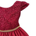 Vestido Juvenil Marsala Curto Bordado Saia Lisa Com Cinto Dourado 