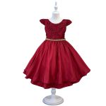 Vestido Juvenil Marsala Curto Bordado Saia Lisa Com Cinto Dourado 