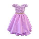 Vestido Juvenil Lilás Curto Bordado Saia Lisa Com Cinto Dourado