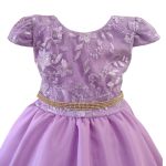 Vestido Juvenil Lilás Curto Bordado Saia Lisa Com Cinto Dourado
