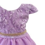 Vestido Juvenil Lilás Curto Bordado Saia Lisa Com Cinto Dourado