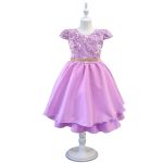 Vestido Juvenil Lilás Curto Bordado Saia Lisa Com Cinto Dourado