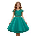 Vestido Juvenil Verde Curto Bordado Saia Lisa Com Cinto Dourado 