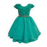 Vestido Juvenil Verde Curto Bordado Saia Lisa Com Cinto Dourado 