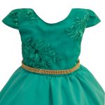 Vestido Juvenil Verde Curto Bordado Saia Lisa Com Cinto Dourado 