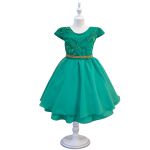 Vestido Juvenil Verde Curto Bordado Saia Lisa Com Cinto Dourado 