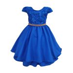 Vestido Juvenil Azul Royal Curto Bordado Saia Lisa Com Cinto Dourado 