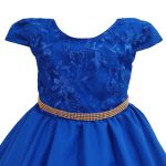 Vestido Juvenil Azul Royal Curto Bordado Saia Lisa Com Cinto Dourado 