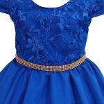 Vestido Juvenil Azul Royal Curto Bordado Saia Lisa Com Cinto Dourado 