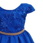 Vestido Juvenil Azul Royal Curto Bordado Saia Lisa Com Cinto Dourado 