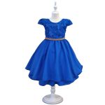 Vestido Juvenil Azul Royal Curto Bordado Saia Lisa Com Cinto Dourado 