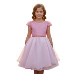 Vestido Juvenil Rosa Bebe Curto Bordado Saia Lisa Com Cinto Dourado 