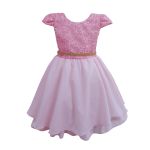 Vestido Juvenil Rosa Bebe Curto Bordado Saia Lisa Com Cinto Dourado 