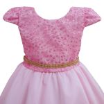 Vestido Juvenil Rosa Bebe Curto Bordado Saia Lisa Com Cinto Dourado 