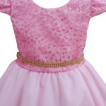 Vestido Juvenil Rosa Bebe Curto Bordado Saia Lisa Com Cinto Dourado 