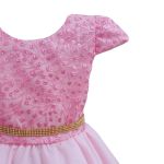 Vestido Juvenil Rosa Bebe Curto Bordado Saia Lisa Com Cinto Dourado 