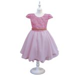 Vestido Juvenil Rosa Bebe Curto Bordado Saia Lisa Com Cinto Dourado 