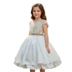 Vestido Juvenil Champanhe Curto Bordado Saia Lisa Com Cinto Dourado 