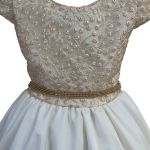 Vestido Juvenil Champanhe Curto Bordado Saia Lisa Com Cinto Dourado 