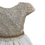 Vestido Juvenil Champanhe Curto Bordado Saia Lisa Com Cinto Dourado 